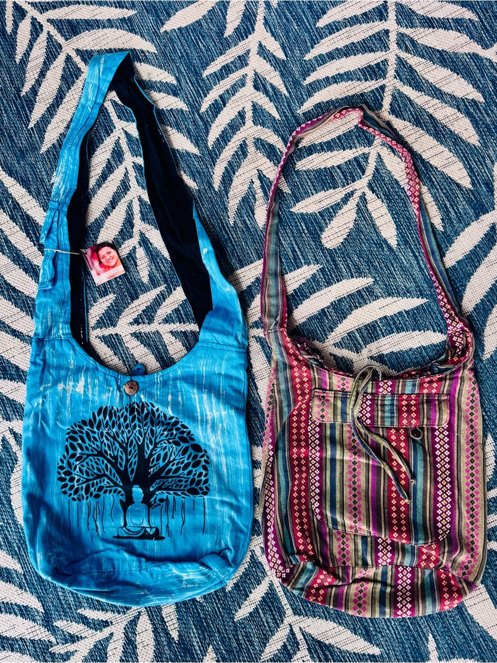 Two Boho Tie-Dye Bags, Blue Tree of Life Hobo Bag, Rainbow w Front Pocket Bag